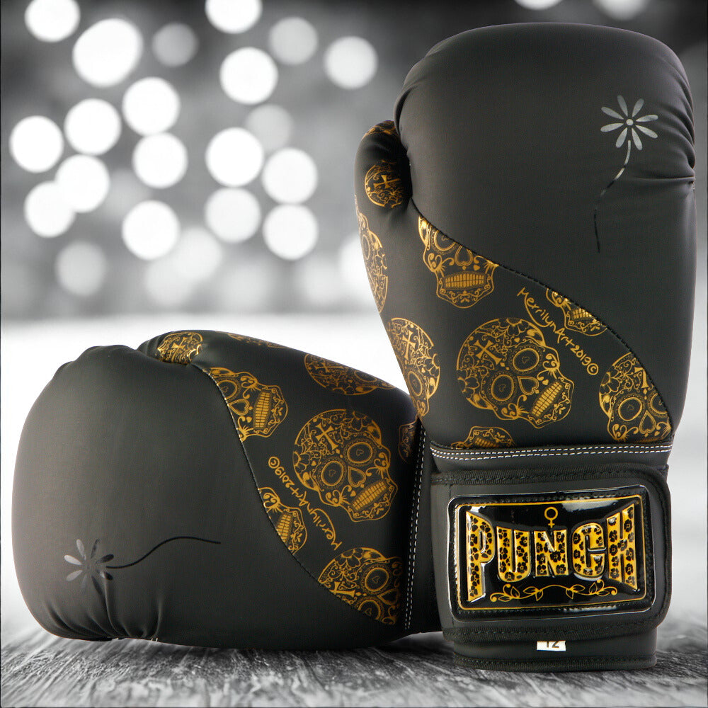 BOXING GLOVES - Urban™ GOLD SKULLS - 12oz - BLACK PUNCH EQUIPMENT
