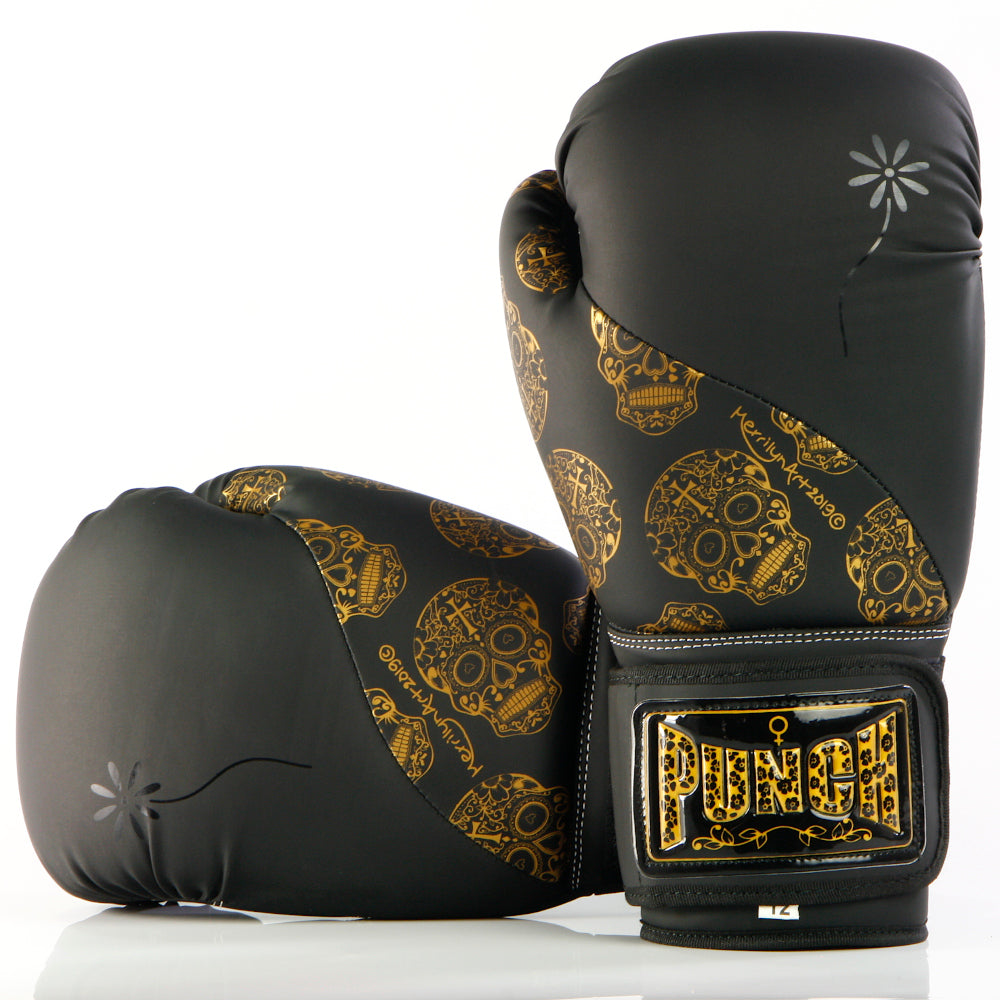 BOXING GLOVES - Urban™ GOLD SKULLS - 12oz - BLACK PUNCH EQUIPMENT
