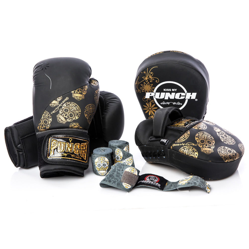 BOXING GLOVES - Urban™ GOLD SKULLS - 12oz - BLACK PUNCH EQUIPMENT
